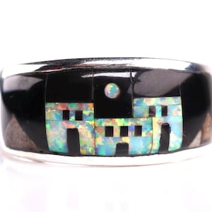 Southwestern Geometric Adobe Gemstone Unisex Inlay Ring - Sterling Silver Black Onyx & Fire Opal Jewelry - Unique Artisan Gift for