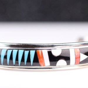 Southwestern Turquoise, Black Onyx, Red Spiny Oyster Inlay Cuff - Zuni Inspired Jewelry - Size Medium - Sterling Silver Artisan Gift for Her