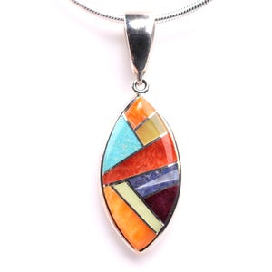 Southwestern Geometric Inlay Pendant - Sterling Silver Jewelry - Made in the USA - One of a Kind Necklace - Turquoise, Spiny Oyster