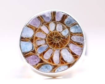 May include: A silver ring featuring a polished ammonite fossil. The fossil's spiral pattern showcases shades of brown, blue, and purple. The ring's setting is a bright, polished silver.