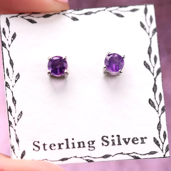 Amethyst Stud Earrings - 4mm Round Cut - Sterling Silver Stud Earrings - February Birthstone Jewelry