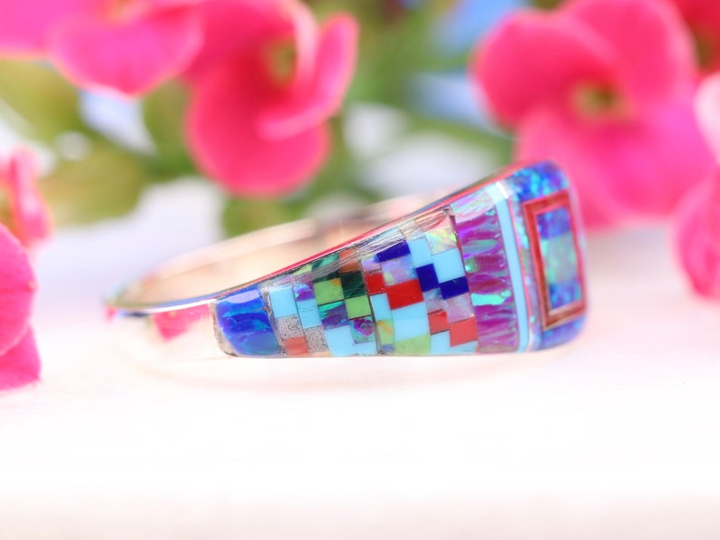 Size 9 Fire Opal Zuni Inspired Inlay Ring One of a Kind Rainbow Ring Sterling Silver Geometric Multicolor Gemstone Inlay Jewelry