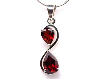 Garnet Sterling Silver Pendant - Faceted Tear Drop Pearshape Cut Garnet Necklace - January Birthstone Jewelry - Contemporary Design