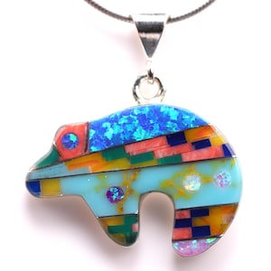 Southwestern Micro Inlay Bear Pendant - Sterling Silver Jewelry - One of a Kind Colorful Mosaic Necklace