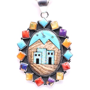 Large Southwestern Geometric Adobe Pendant - Sterling Silver One of a Kind Micro Inlay Necklace with Turquoise and Jasper - Pueblo Mountain
