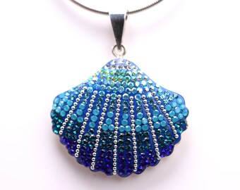 Sterling Silver Micro Mosaic Sea Shell Pendant - Featuring Dichroic Glass & Austrian Crystal