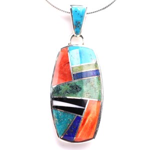 Southwestern Geometric Inlay Pendant - Sterling Silver Jewelry - Made in the USA - One of a Kind Necklace - Turquoise, Spiny Oyster