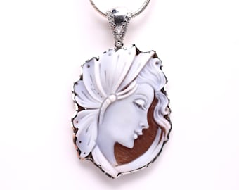 Sterling Silver Carved Seashell Cameo of Woman - Italian Cameo - One of a Kind Unique Necklace - Botanical Art Gift