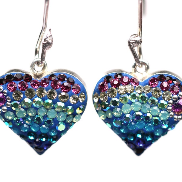 Sterling Silver Micro Mosaic Earrings - Featuring Dichroic Glass & Austrian Crystal - Handmade Jewelry - Sparkly, Colorful, Heart Shaped