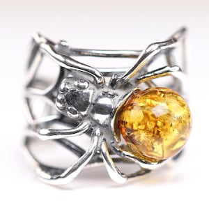 Spindelring i sterlingsilver med bärnsten - Justerbar ring i äkta baltisk bärnsten - Gul bärnsten