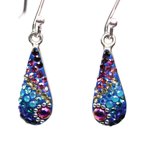 Sterling Silver Micro Mosaic Earrings - Featuring Dichroic Glass & Austrian Crystal - Handmade Jewelry - Sparkly, Colorful, Unique Gift