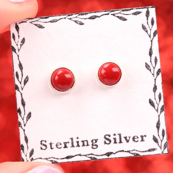 Red Coral Stud Earrings - Sterling Silver Stud Earrings - Christmas Gift for Her