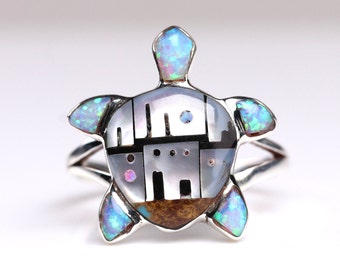 Southwestern Geometric Turtle Ring - Multicolor Gemstone Inlay Ring - Sterling Silver Micro Mosaic Inlaid Jewelry - Blue Fire Opal Ring