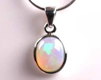 AAA Quality Ethiopian Opal Pendant - High Quality Opal - October Birthstone Rainbow White Fire Opal - Sterling Silver Genuine Opal Necklace