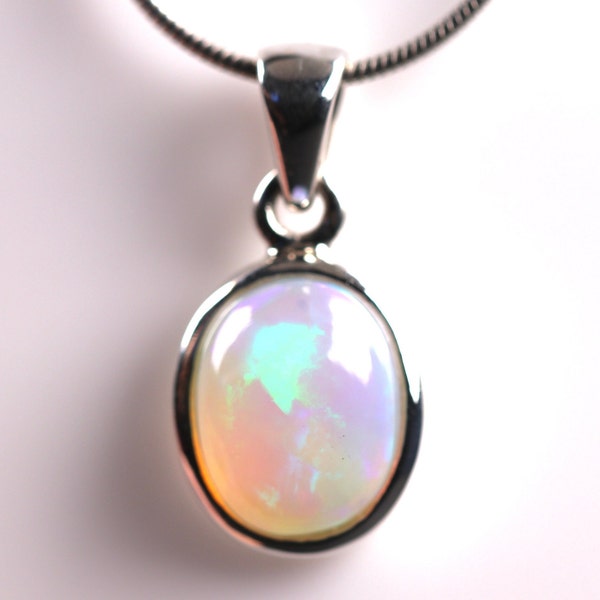 AAA Quality Ethiopian Opal Pendant - High Quality Opal - October Birthstone Rainbow White Fire Opal - Sterling Silver Genuine Opal Necklace