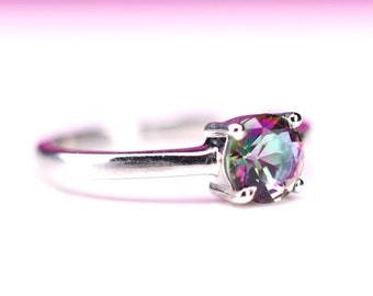 Mystic Topaz Sterling Silver Ring - 6mm Round Cut Ring - Stackable Dainty Jewelry - Rainbow Topaz November Birthstone - Gift for Her