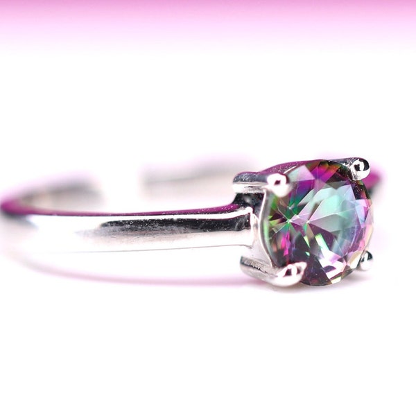 Mystic Topaz Sterling Silver Ring - 6mm Round Cut Ring - Stackable Dainty Jewelry - Rainbow Topaz November Birthstone - Gift for Her