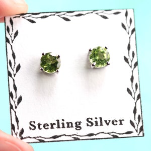 Peridot Stud Earrings - 5mm Round Cut - Sterling Silver Stud Earrings - August Birthstone Jewelry - Simple Modest Studs