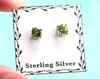 Peridot Stud Earrings - 5mm Round Cut - Sterling Silver Stud Earrings - August Birthstone Jewelry - Simple Modest Studs