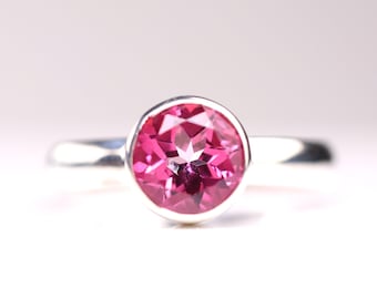 Pink Topaz Sterling Silver Ring - Unique Gift for Her - Round Cut Pink Gemstone