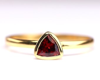 Garnet Sterling Silver Trilliant Cut Ring - 14K Gold Vermeil Over Silver - 3 Micron Gold Plating - February Birthstone Jewelry - Gift
