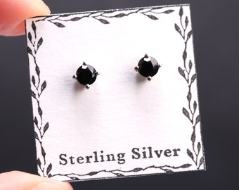 Black Spinel Stud Earrings - 4mm Round Cut Spinel - Sterling Silver Stud Earrings - Minimalist Jewelry