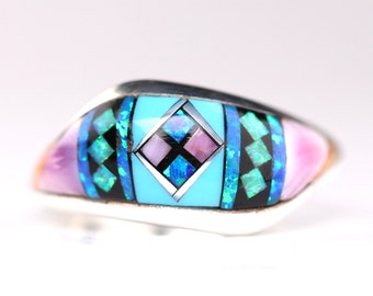 Southwestern Geometric Multicolor Mother of Pearl and Fire Opal Gemstone Inlay Ring - Sterling Silver Micro Mosaic Inlaid Jewelry