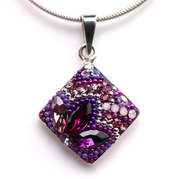 Sterling Silver Micro Mosaic Teardrop Pendant - Featuring Dichroic Glass & Austrian Crystal - Handmade Jewelry - Sparkly, Colorful, Unique