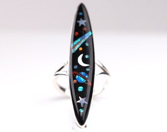 Southwestern Galaxy Blue Fire Opal & Black Jet Gemstone Inlay Finger Ring - Sterling Silver / Outer Space / Comets / Stars / Night Sky