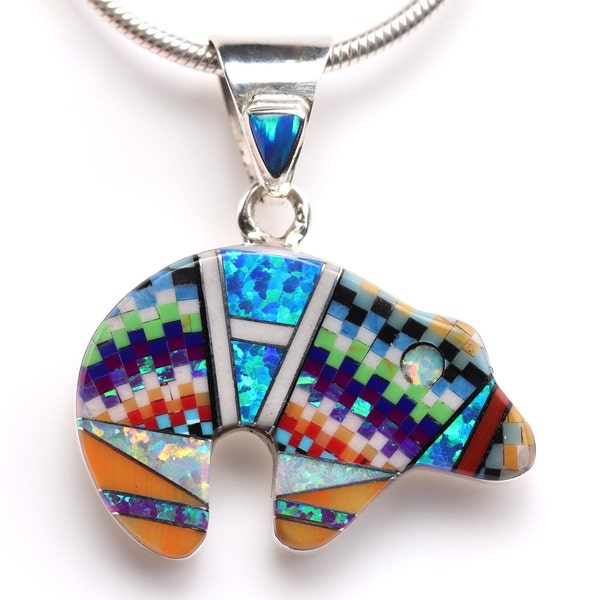 Southwestern Micro Inlay Bear Pendant - Sterling Silver Jewelry - One of a Kind Colorful Mosaic Necklace