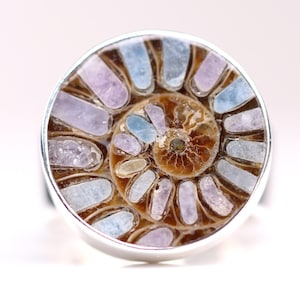 May include: A silver ring featuring a polished ammonite fossil. The fossil displays a spiral pattern with shades of brown, purple, and blue. The ring has a wide band and a circular setting.
