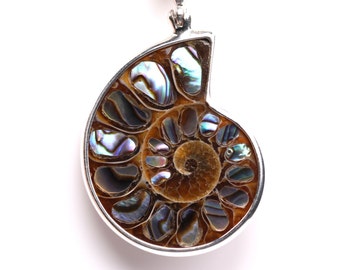 Ammonite Pendant with Abalone Inlay Pendant - Sterling Silver Statement Necklace - Ammonite Fossil Jewelry