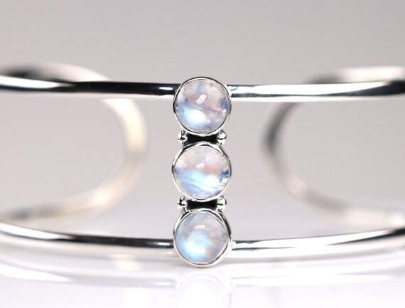 Rainbow Moonstone Cuff Bracelet Sterling Silver with Round Stones Rainbow Moonstone Cuff Bracelet Sterling Silver with Round Stones
