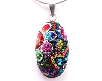 Sterling Silver Micro Mosaic Pendant - Featuring Dichroic Glass & Austrian Crystal - Handmade Jewelry