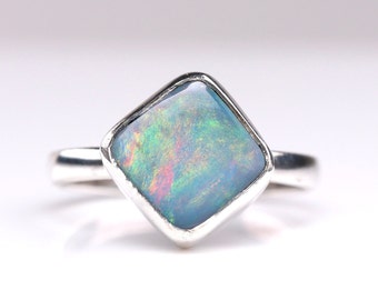 Size 8 - Sterling Silver Genuine Australian Boulder Opal Doublet Ring - October Birthstone - Rainbow White Fire Opal Jewelry