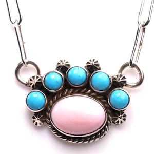 Southwestern Bear Paw Complete Necklace - Paperclip Chain Included! - Sterling Silver Sleeping Beauty Turquoise & Pink Conch Jewelry
