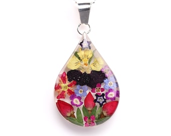 Sterling Silver Pressed Flower Necklace - Chain Included! Botanical Resin Jewelry - Terrarium, Wildflowers, Roses, Miniature Garden Gift