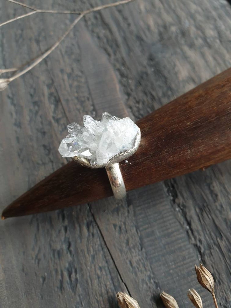 Chrystal cluster ring quarz ring solid 999 silver