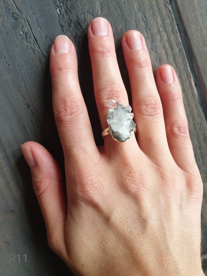 Chrystal cluster ring quarz ring solid 999 silver