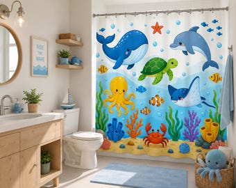 Meeresbewohner Duschvorhang für Kinder Badezimmer | Ozean Tier Badezimmer Dekor | Maritimer Badvorhang für Kleinkindbadezimmer