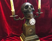 Antique 1800s German Bronze Memento Mori Skull Pocket Watch and candles Holder