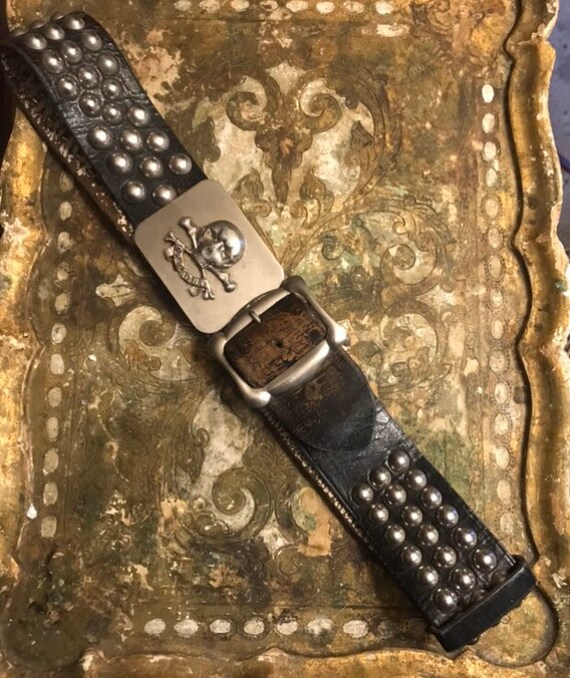 Vintage 1970s Studded Skull Buckle Belt Rare 70s O