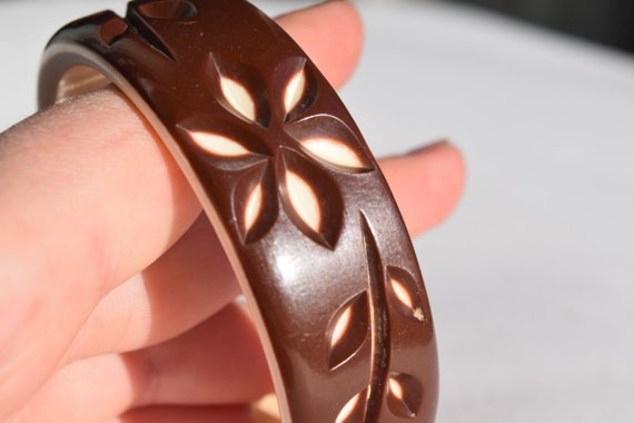 vintage lucite bracelet carved back layered brown… - image 5