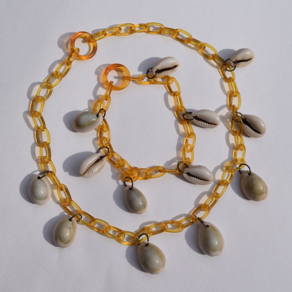 celluloid necklace and bracelet vintage set with cowrie shells all original yellow celluloid chains and clasps mermaid Mid Century jewelry