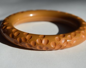 SALE vintage bakelite bracelet HEAVILY CARVED rare bangle mustard golden green color tiny petal floral carving chunky rare Mid Century