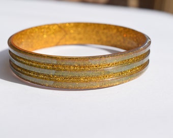 celluloid vintage bracelet bangle gold glitter with green blue milky stripes super cool rare piece collectible jewelry