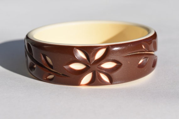 vintage lucite bracelet carved back layered brown… - image 1
