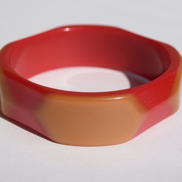lucite bracelet vintage layered red gold bangle cut back carved most likely made by BEST PLASTICS super rare Mid Century collectible jewelry
