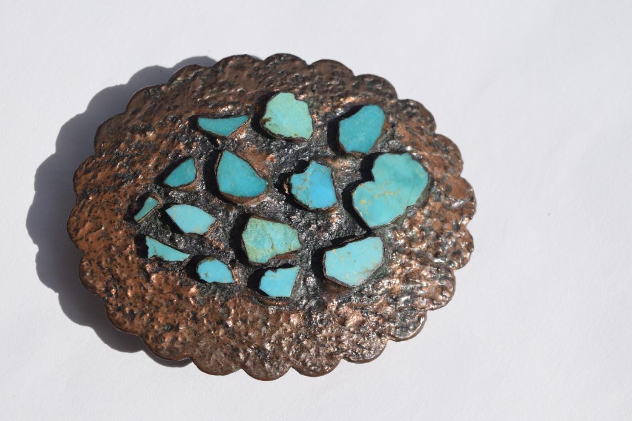belt buckle SUPER RARE copper with natural turquoise made by BELL trading company stamped on back large size wonderful weight Mid Century