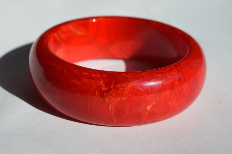 bakelite bracelet vintage red orange yellow marbled firey bangle WOW thick chunky rare Mid Century collectible jewelry image 2